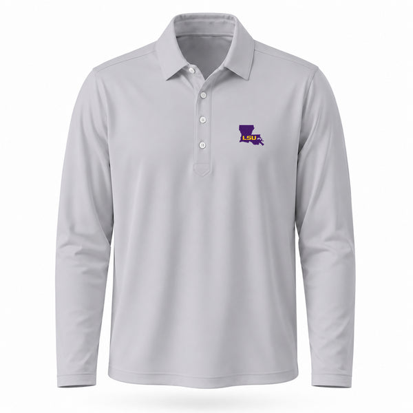 LSU Block in State Logo First Light Long Sleeve Polo