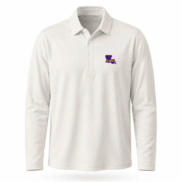 LSU Block in State Logo First Light Long Sleeve Polo